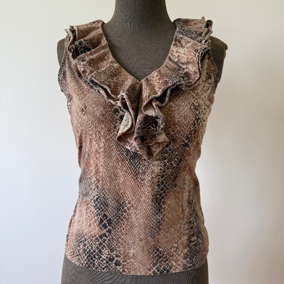 Y2K Brown Snakeskin Print Ruffle V-Neck Top - Picture 1 of 9